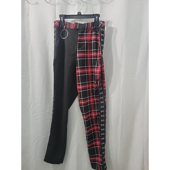Hot Topic Womens Pant S Black Red Plaid Split Leg Punk Goth Pants Elastic Waist - Picture 12 of 13